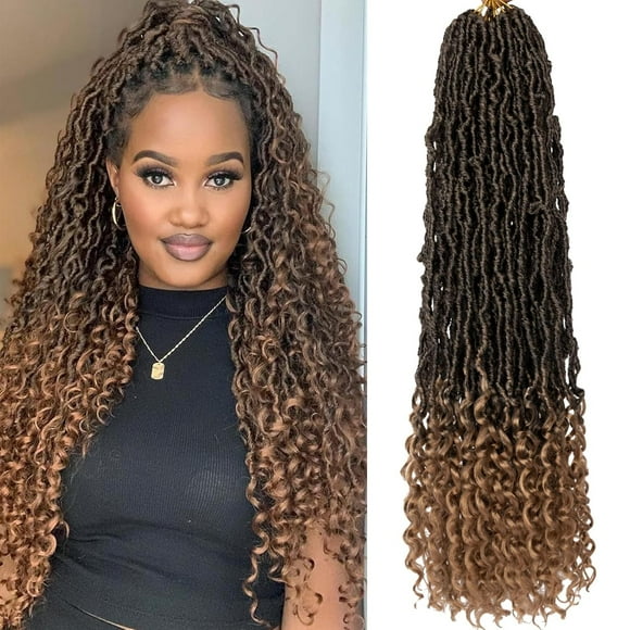 UKLL-24 Inch Goddess New Faux Locs Crochet Hair 7 Packs Soft Locs Crochet Braids With Curly Ends Pre-looped Ombre Brown Synthetic Nu Locs Wavy Braiding Hair for Women (12Strands/pack T27#)