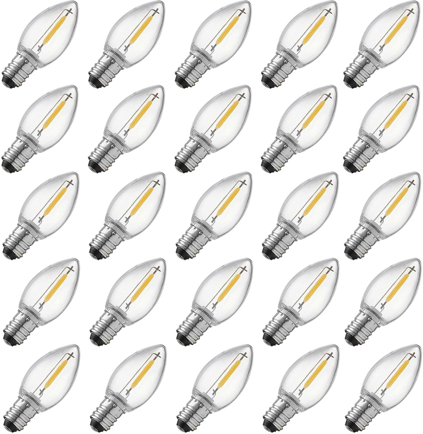 UKLL-25 Pack C7 LED Replacement Light Bulb,Shatterproof,Waterproof,Plastic Led Bulbs for Christmas Indoor Outdoor String Lights,E12 Base Warm White