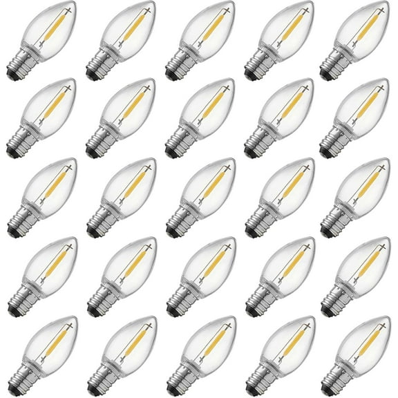 UKLL-25 Pack C7 LED Replacement Light Bulb,Shatterproof,Waterproof,Plastic Led Bulbs for Christmas Indoor Outdoor String Lights,E12 Base Warm White