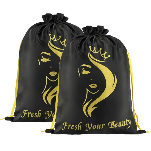 UKLL-2PCS Satin Wig Bags Storage for Multiple Wigs Soft Silky Pouches with Drawstring Hair Packaging Bags for Wigs, Bundles,Hair Extensions,Tools, business gift bags Black)