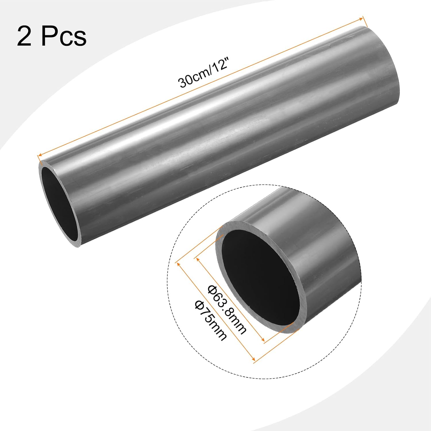 UKLL-2Pcs 2.95 Inch PVC Rigid Tube Round Pipe 63.8mm ID 75mm OD 12" High Impact for Water Pipe, Aquarium, Fish Tank, Greenhouse Garden, Grey