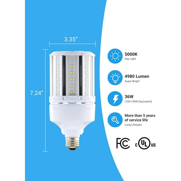 UKLL-5000 Lumen Led Corn Bulb E26 36w 5000K Light, Daylight White Super Bright Lamp for Garage Factory Warehouse Workshop Street Backyard(1 Pack)