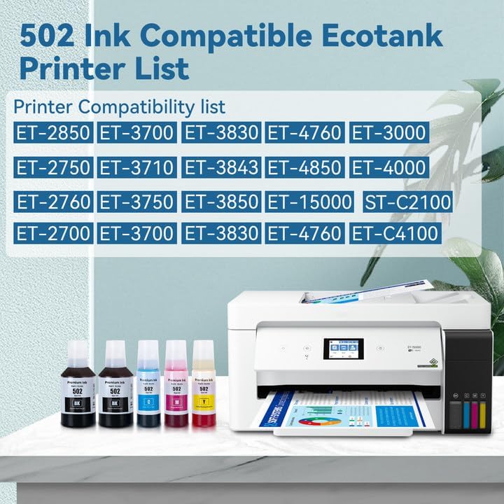 UKLL-502 Ink Refill Bottles for ET-2850 ET-3850 ET-2760 Replacement for Epson 502 Ink Bottles (5 Pack) ET-3760 ET-4760 ET-4850 ST-4000 ST-2000 ET-3830 ET-3843 ET-2750 ET-3750 Printer (T502-5P)