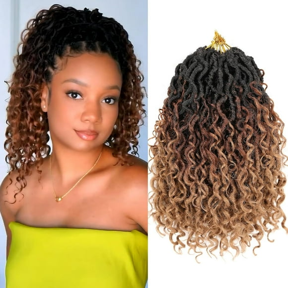 UKLL-8 Packs Goddess Faux Locs Crochet Hair with Curls 10 Inch Ombre Faux Locs Crochet Braids with Curly Ends Pre-looped Boho Hippie Locs Synthetic Braiding Hair Extensions for Black Women 1B3027#