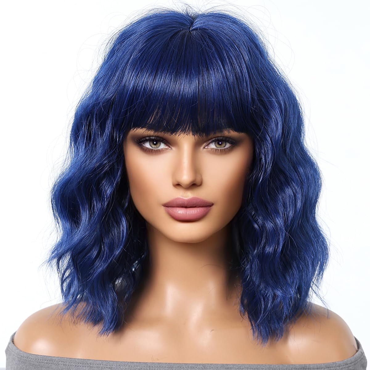 Girl Navy Blue Bobs ANOGOL Hair Cap +Blue Cosplay Wig With Bangs