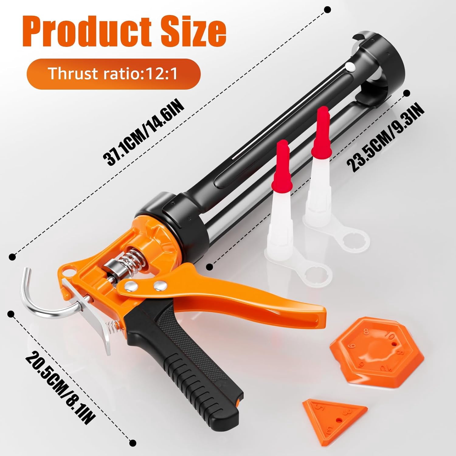 UKLL-Caulking Gun, No-Drip Hand Caulk gun, Silicone Gun with Comfort Grip, 1/10 Gallon Cartridge, 12:1 Thrust Ratio, Built-in Seal Puncture Tool, and Two Nozzles and Scraper