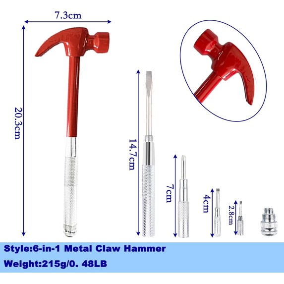UKLL-Claw Hammers 6 in 1 Metal Hammer 【a reliable set of tools for basic home maintenance】Multifunctional Camping Hammer Set Screwdriver Small Mini Hammer with Screwdriver Hammers Hand Tools