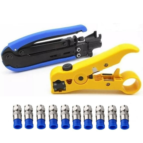 UKLL-Coaxial Compression Tool Coax Cable Crimper Kit Adjustable rg6 rg59 rg11 75-5 75-7 Coaxial Cable Stripper with 10pcs RG6 F Compression Connectors - Blue