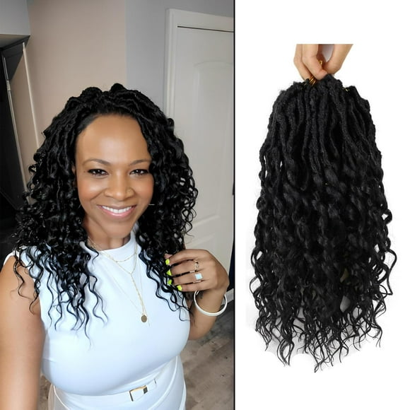 UKLL-Deep Faux Locs Crochet Hair 12 Inch 8 Packs Goddess Locs Crochet Hair 1B Soft Loc Faux Loc Crochet Braids with Curly Ends Prelooped Deep Wave Croceht Braids for Black Women(Natural Black)