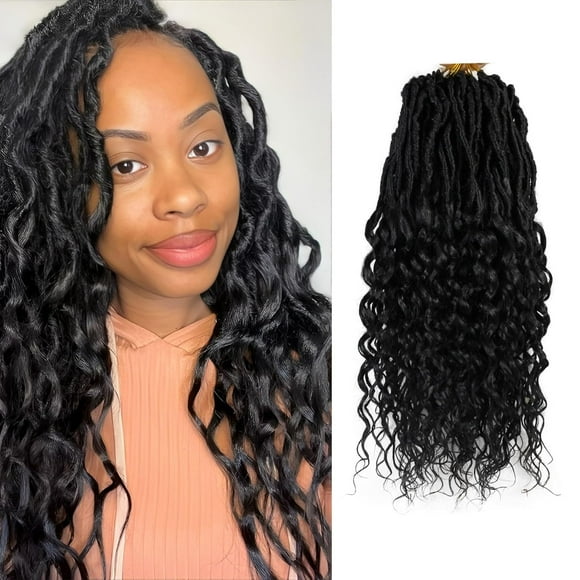 UKLL-Deep Faux Locs Crochet Hair 16 Inch 8 Packs Goddess Locs Crochet Hair 1B Soft Loc Faux Loc Crochet Braids with Curly Ends Prelooped Deep Wave Croceht Braids for Black Women(Natural Black)