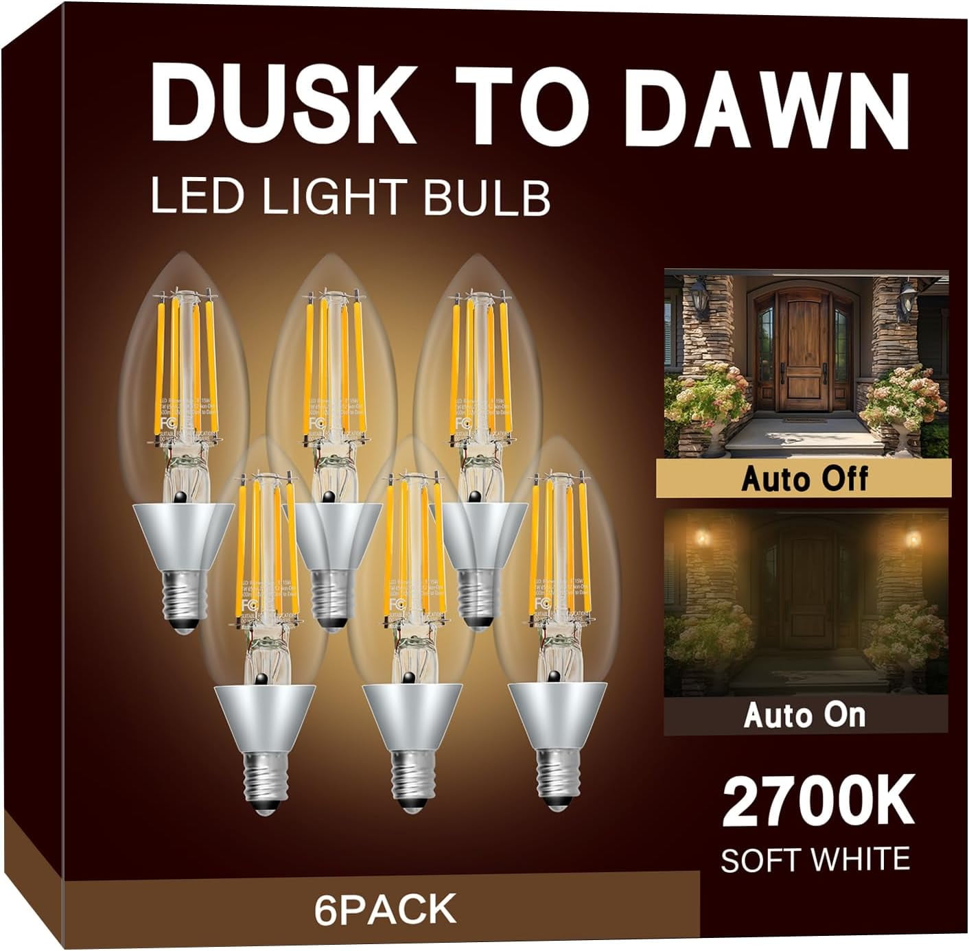 UKLL-Dusk to Dawn Light Bulbs, Outdoor Candelabra Light Bulbs, 5W Equivalent 40W, 2700K Soft White, 500LM, Edison Vintage Filament E12 Base, Photocell Sensor for Sconces Porch Patio Garage, 6 Pack