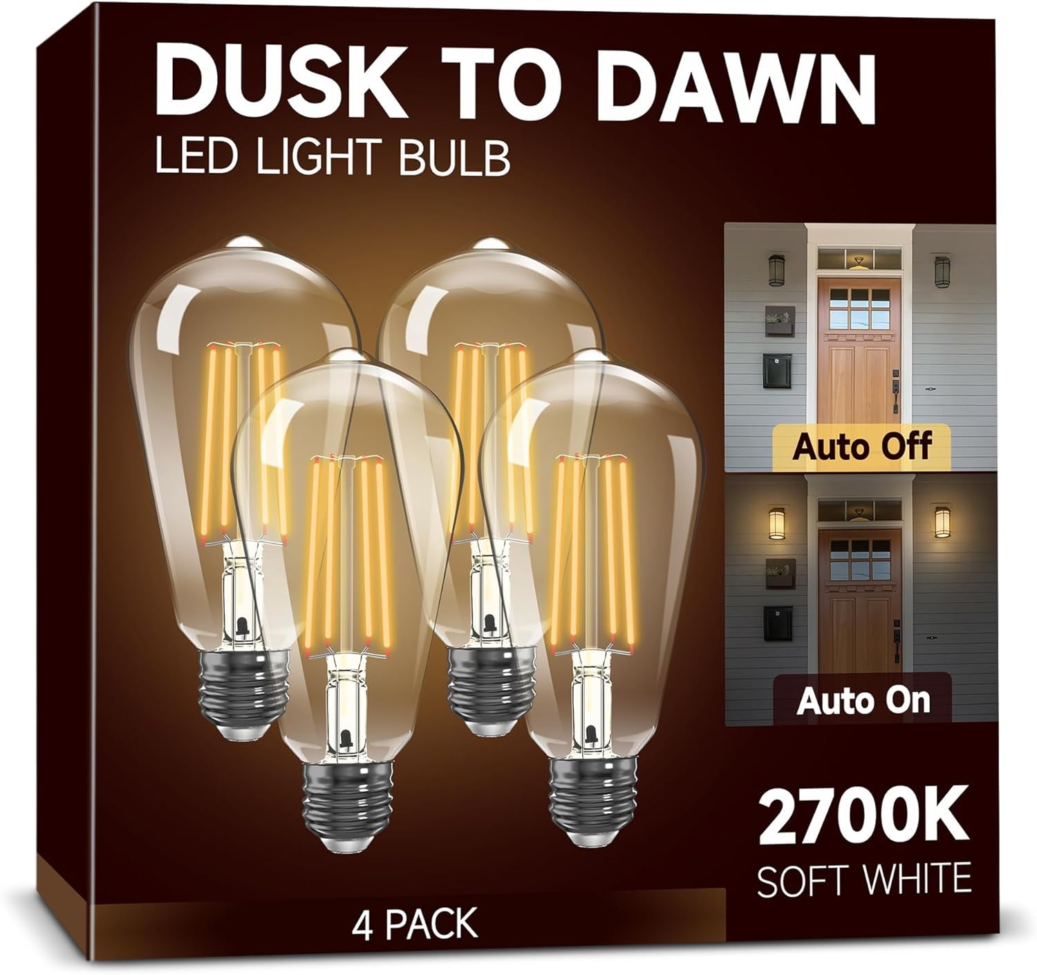 UKLL-Dusk to Dawn Light Bulbs, Outdoor Light Bulbs, ST64 6W Equivalent 60W, 2700K Soft White, 600LM LED Outdoor Lighting, E26 Base, Photocell Sensor, Auto On/Off Bulb for Porch Patio Garage, 4 Pack