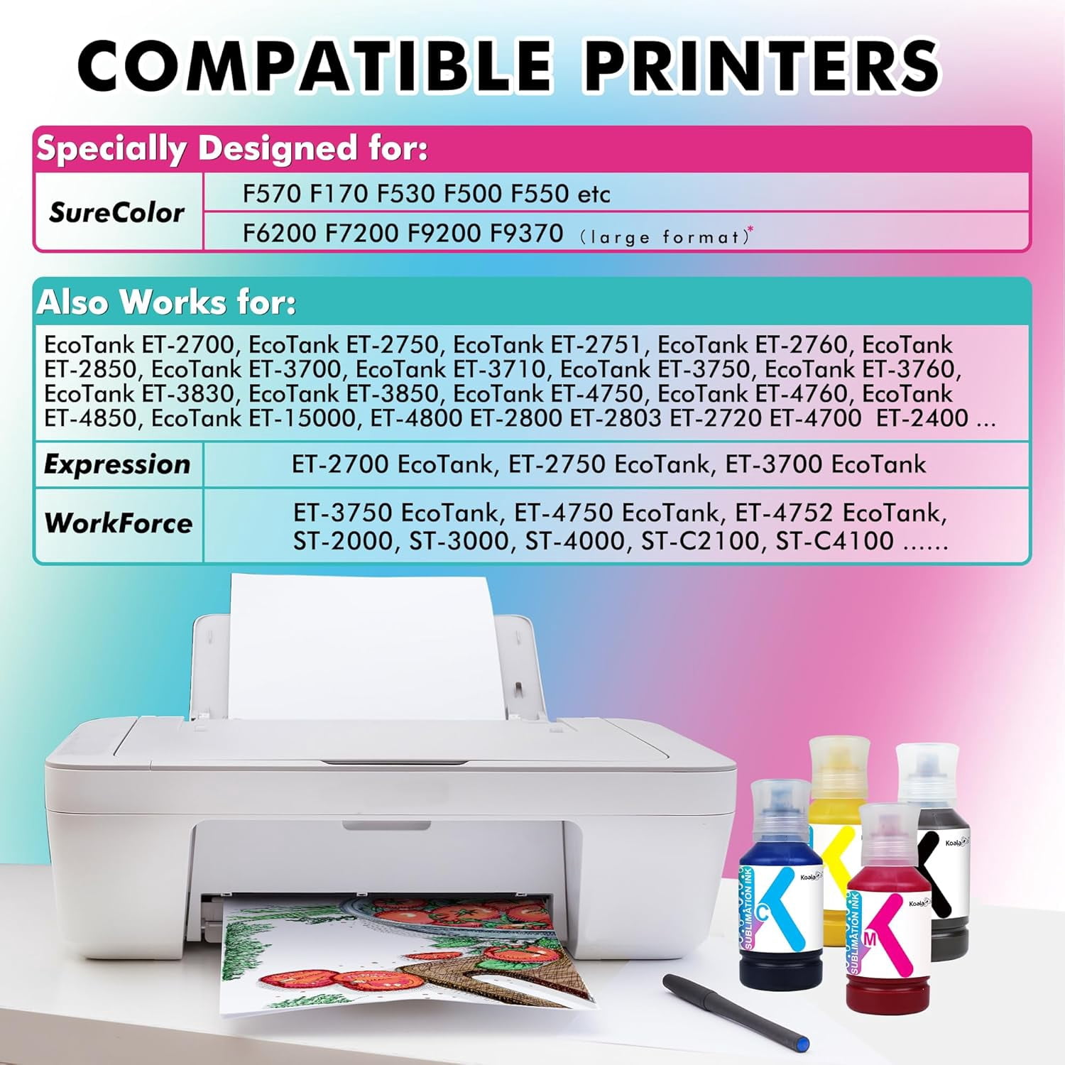 UKLL-Koala Premium Sublimation Ink for ET Series Inkjet Printers ET-2400 ET-2800 ET-2803 ET-2850 ET-2720 ET-2760 ET-4800 ET-3760 ET-7720 ET-15000 /Upgrade Version/Auto-Fill