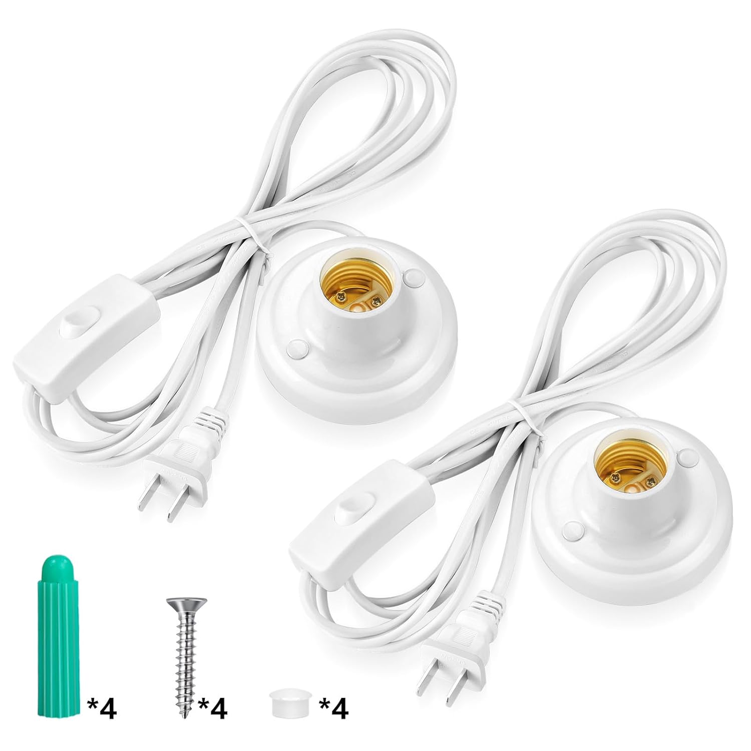 UKLL-Light Socket with Cord Light Bulb Base E26/ E27 Lamp Base,for Garage Installation Lighting, White (2PCS 9.8ft Wire)
