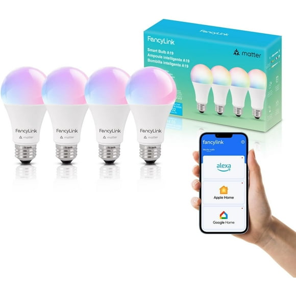 UKLL-Matter Smart Light Bulbs, Color Changing Light Bulb, Work with Alexa and Google Assistant, Apple Home,16 Million Colors RGBCW, WiFi & Bluetooth LED Light Bulbs, A19, 800 Lumens,4 Packs