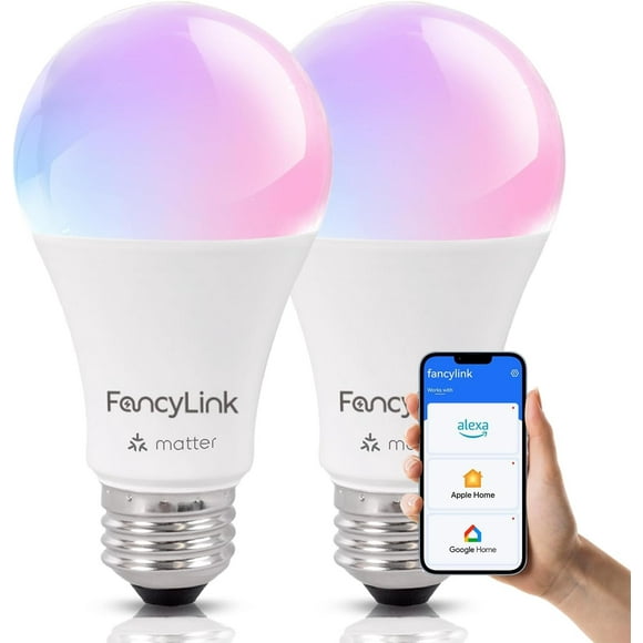 UKLL-Matter Smart Light Bulbs, Color Changing Light Bulb, Work with Alexa and Google Assistant, Apple Home,16 Million Colors RGBCW, WiFi & Bluetooth LED Light Bulbs, A19, 800 Lumens, 2 Packs