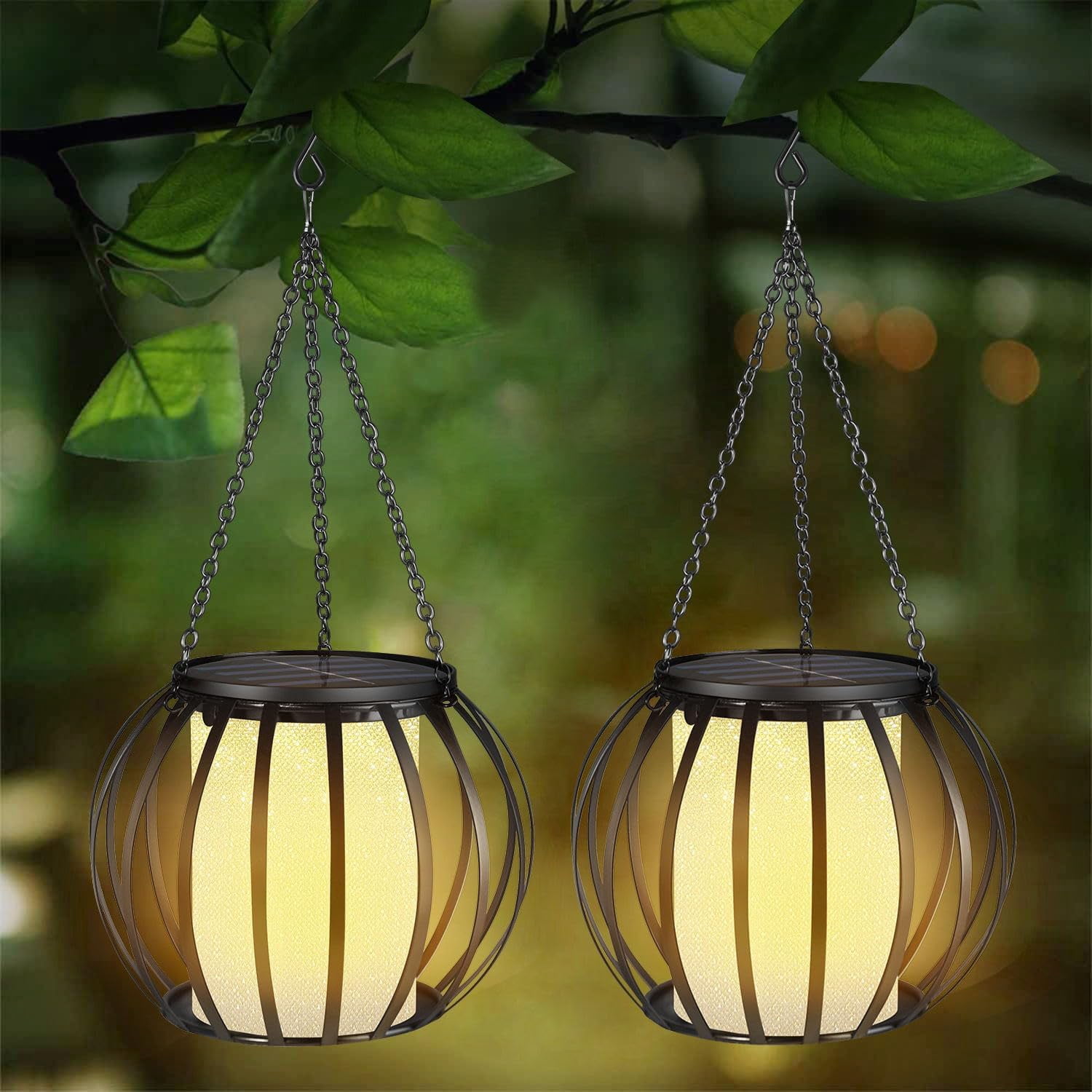 Solar Table Lanterns Outdoor Waterproof – 2-Pack Flickering Dancing Flame LED Lights, Black Metal, For Garden Patio Yard Decor (Mothers Day Gift)