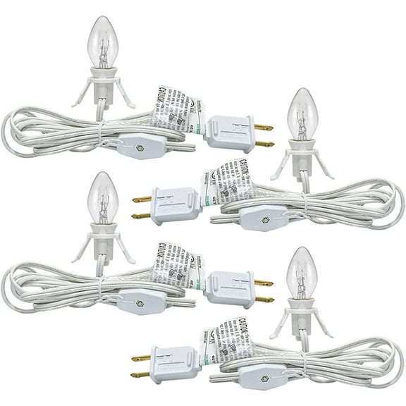 UKLL-Set of 4 Accessory Cord with One Clear Light Bulb, 6 Feet C7 Accessory Cord with On/Off Switch Plug C7 Indoor String Light for Craft Village Halloween Christmas House Decoration, White Wire