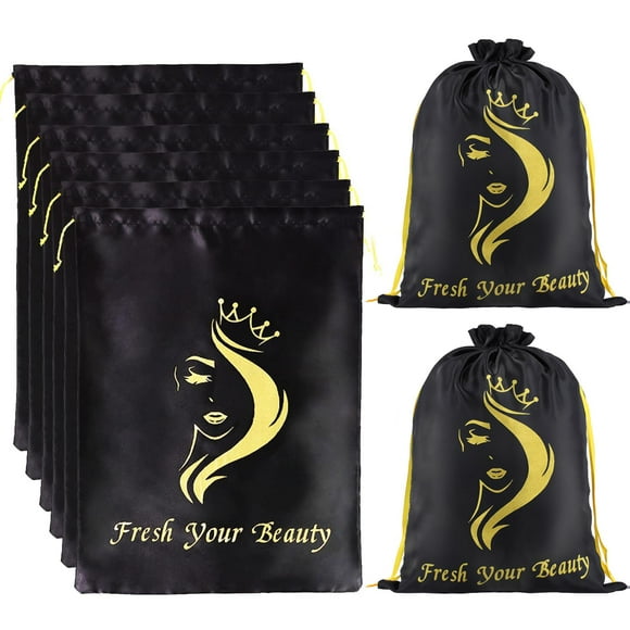 UKLL-Silk Satin Pouches with Drawstring - Soft Hair Packaging Bags for Bundles, Wigs, Tools & Salon Use (6 PCS Black)