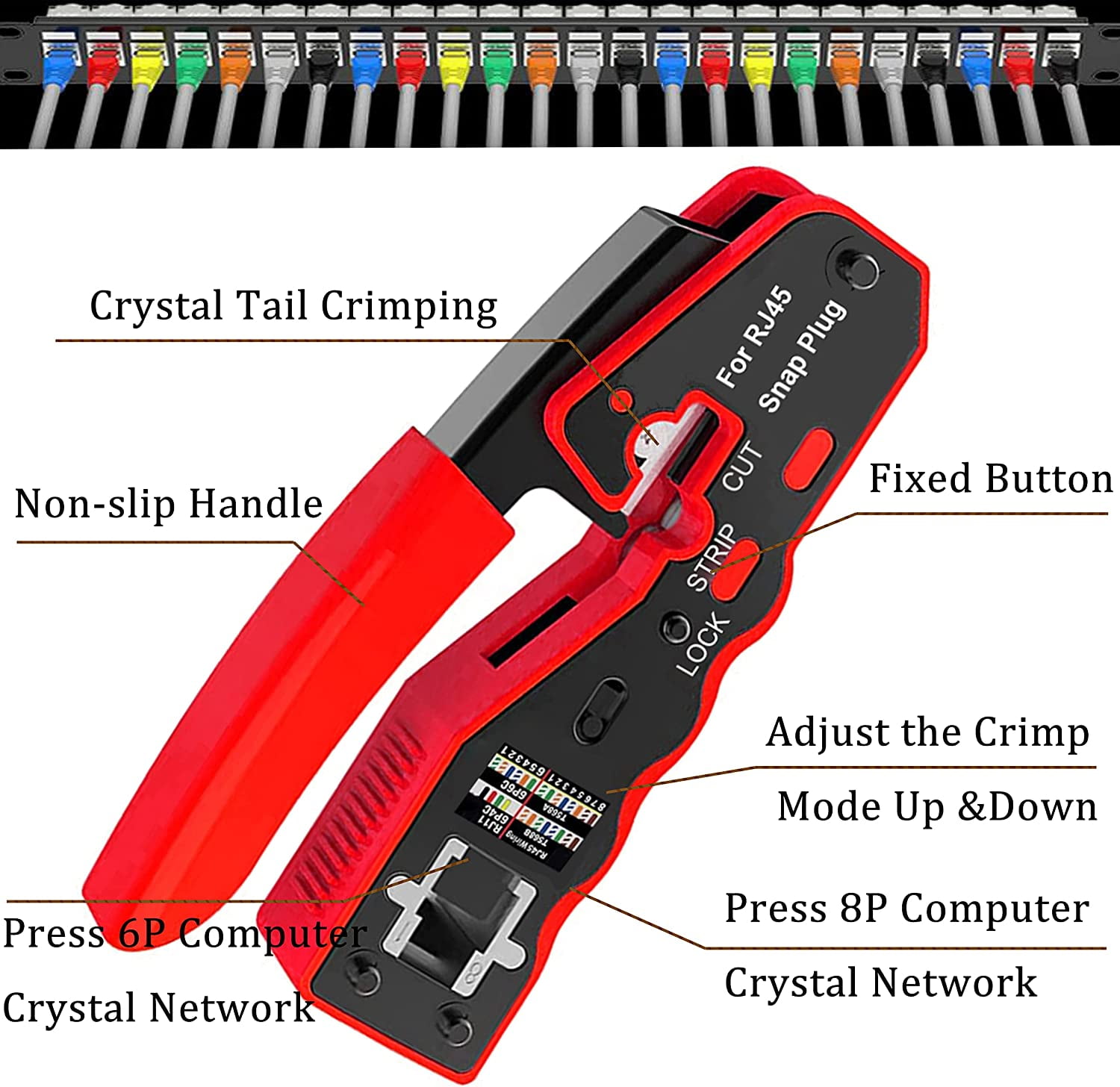 TAIWAIN RJ45 Cat5e/Cat6 Crimper Tool Kit – Includes Cable Tester, Stripper, 50 Heads – All-in-One Network Repair Set (Red)