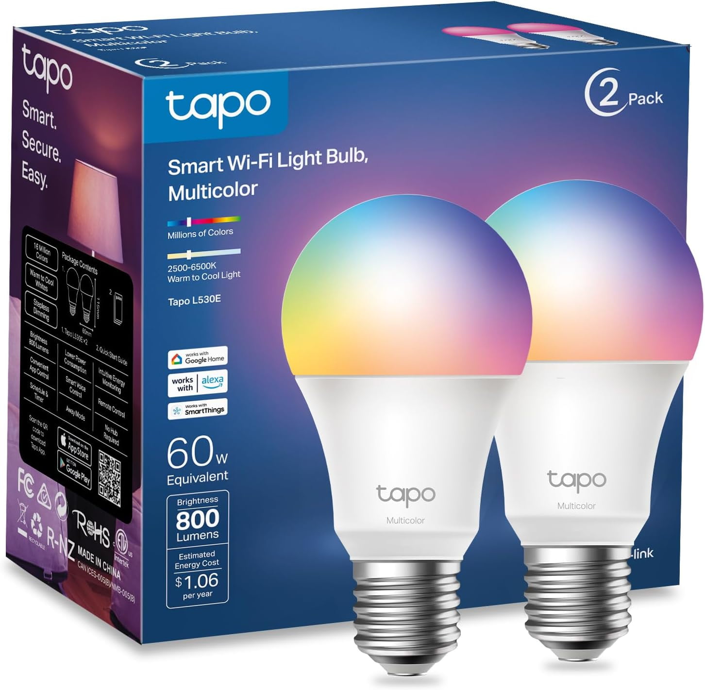 UKLL-TP-Link Smart Light Bulbs, 16M Colors RGBW, Dimmable, Compatible with Alexa and Google Home, A19, 60W Equivalent, 800LM CRI>90, 2.4GHz WiFi only, No Hub Required, L530E(2-Pack)