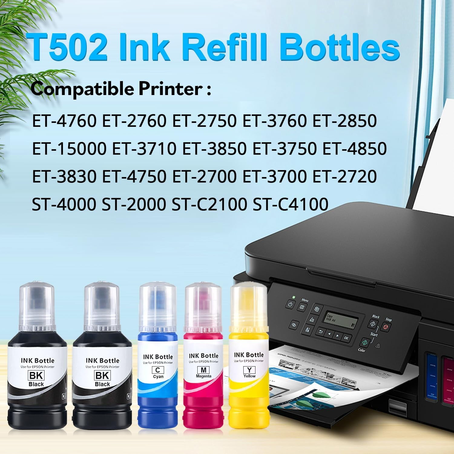 UKLL-for 502 Ink Refill Bottles Compatible for Epson 502 Ink Refill Bottles 5 Pack Replacement for Ecotank ET-3850 ET-4760 ET-4850 2850 2760 3760 ET-3830 ET-3843 ET-2750 ET-3750 ET4750 ET-15000 Print