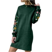 UKLSQMA Hoodie,Fashion Winter Women's Sexy Long Sleeve Casual Printed Solid Embroidered Round Neck Dress