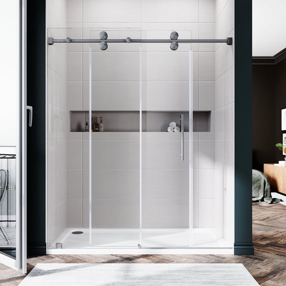 UKS04-50-55 Inch x 80 Inch Sliding Frameless Shower Door, 3/8" Tempered Glass with Easy-Cleaning Coating, Stainless Steel Rollers & SGCC-Certified Stability