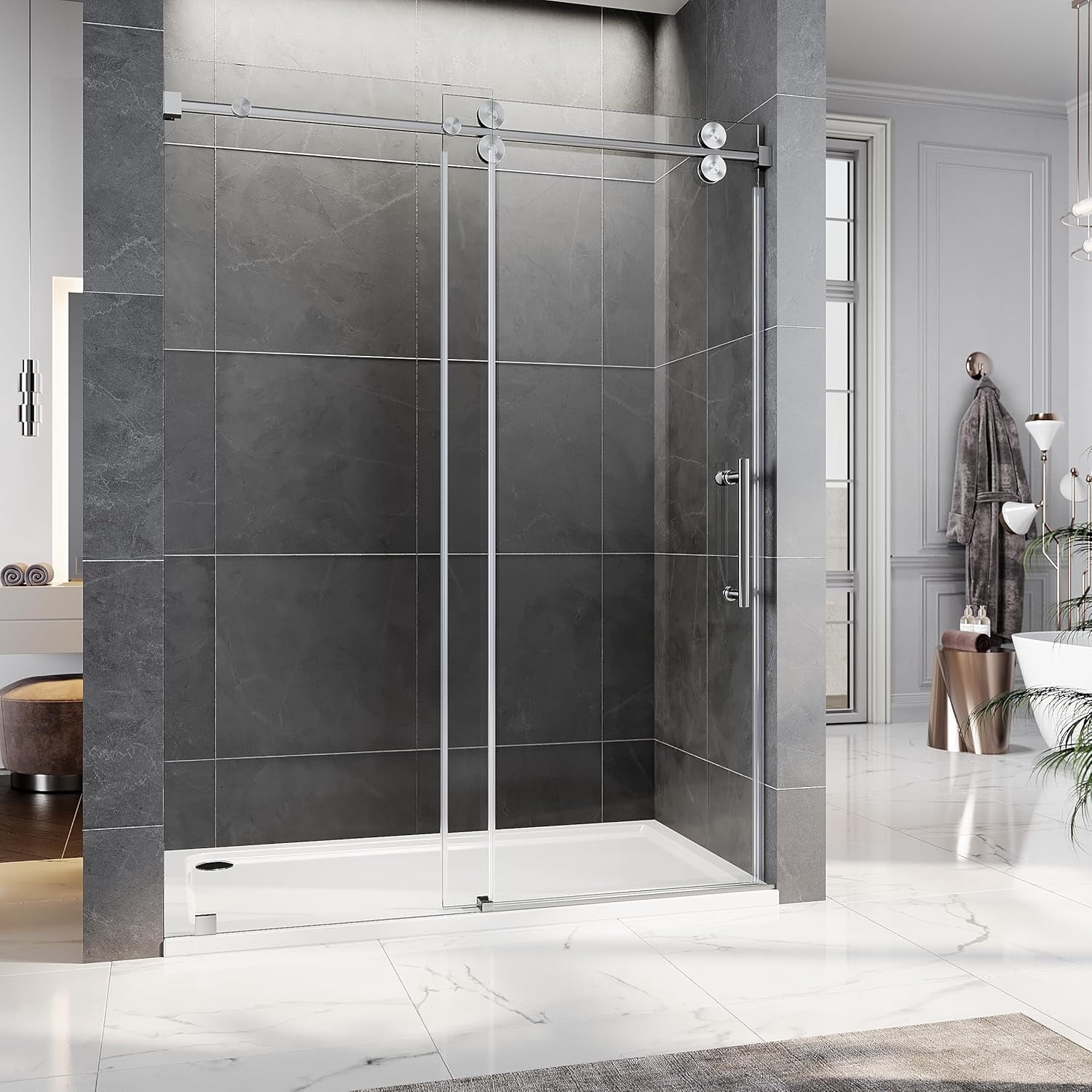 UKS04-50-55 Inch x 80 Inch Sliding Frameless Shower Door, 3/8" Tempered ...