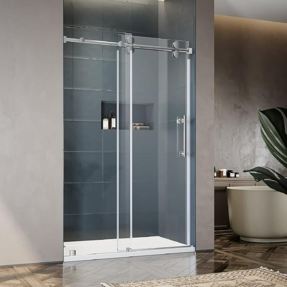 UKS04-50-55 Inch x 80 Inch Sliding Frameless Shower Door, 3/8" Tempered Glass with Easy-Cleaning Coating, Stainless Steel Rollers & SGCC-Certified Stability