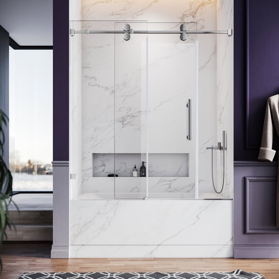 UKS04-50-55 Inch x 80 Inch Sliding Frameless Shower Door, 3/8" Tempered Glass with Easy-Cleaning Coating, Stainless Steel Rollers & SGCC-Certified Stability