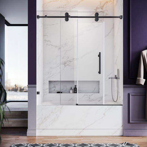 UKS04- 56-60 Inch x 66 Inch Sliding Frameless Bathtub Door, 3/8" Tempered Glass with Easy-Cleaning Coating, Stainless Steel Rollers & SGCC-Certified Stability, Bright Chrome