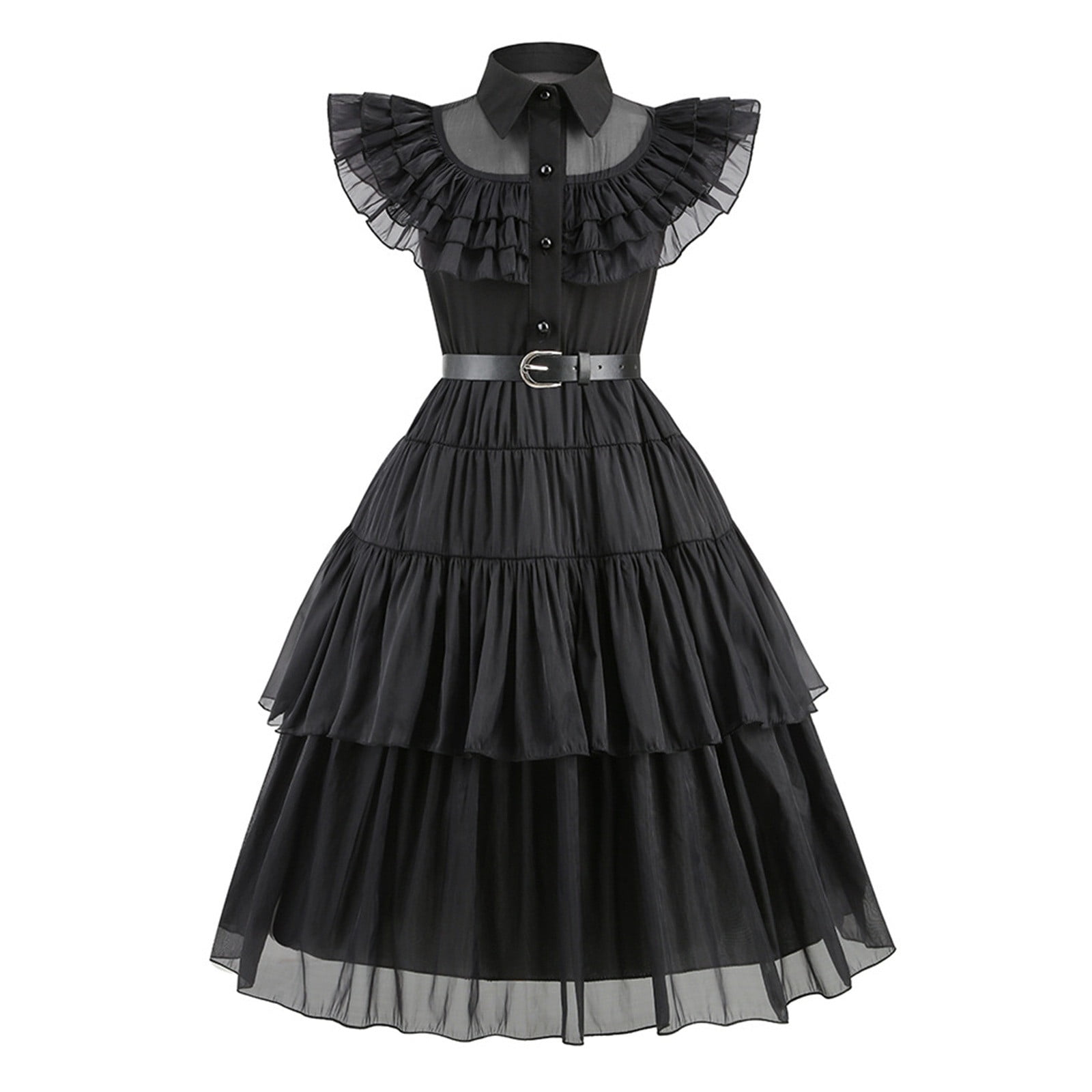 Girls Wednesday Dress Wednesday Addams Costume Black Tulle Dress with Belt Wednesday Outfit main image 1