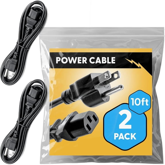 UL Approved 10ft Universal Power Cord (2 Pack) - IEC C13 to NEMA 5-15P Computer Monitor Cable for IT Departments, Data Centers & Bulk Purchasing - 18AWG 10A 125V