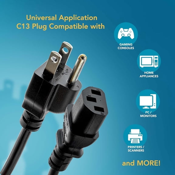 UL Approved 15ft Universal Power Cord (2 Pack) - IEC C13 to NEMA 5-15P Computer Monitor Cable for IT Departments, Data Centers & Bulk Purchasing - 18AWG 10A 125V