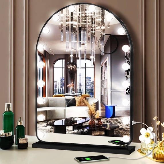 UL Black Arch Vanity Makeup Mirror with Lights 18 Bulbs 20 x 30 inch Dimmable 3Color Black Lighted Vanity Mirror for Tabletop Wall Detachable Base X10 Magnifying Arch Smart Makeup Mirror Light Adjust