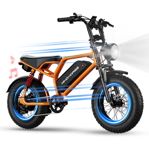 UL Certified 750W Electric Bike for Adults, 16x4 Fat Tire Full Suspension Ebike with Speaker, 20MPH, 50-Mile Range, All-Terrain Electric Mini Bike