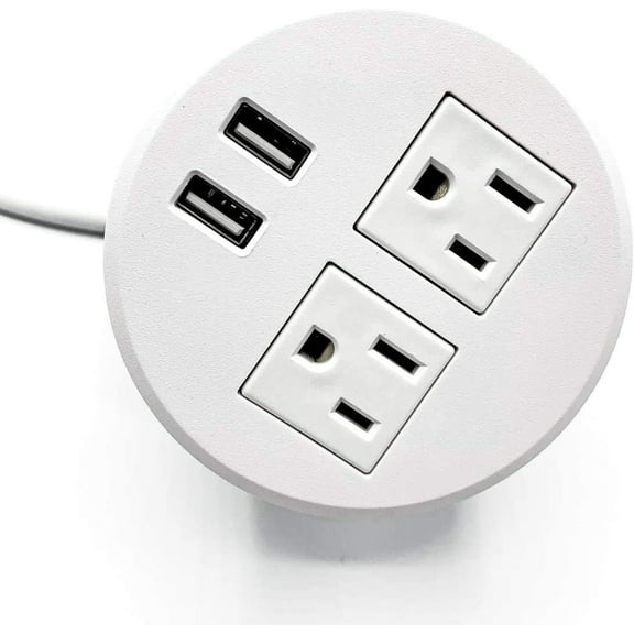 UL Certified Desktop Power Grommet with Two Power Sockets, Two Quick USB Charging Ports, 6FT Power Cord and Lock Ring (White)