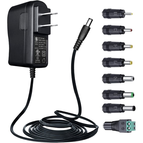 UL Listed 12V 1A 10ft Power Supply Adapter with 8 Tips, AC to DC 12W 12V 1000mA 800mA 500mA Replacement Power Cord for CCTV Security Camera DVR LED Strips Router Speaker LED Mirror Desk Lamp and More