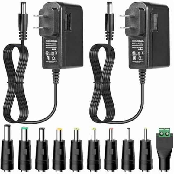 UL Listed 12V 2A AC/DC Adapter, 12 Volt 2 Amp 24W Power Supply with 10 Tips for LED Strip Lights, CCTV Cameras, Routers, 12V Wall Wart Transformer Charger, 5ft Power Supply Cord Included (2 Pack)