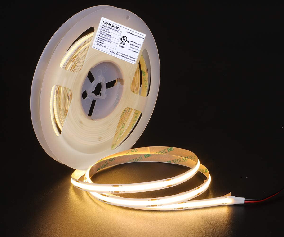 UL-Listed COB LED Strip Lights, 5m/16.4ft Flexible, Warm White 3000K 5500Lm CRI 80+, 528LEDs/M LED Tape Light , DC24V led Rope Lights for Stage, Home, Cabinet, Kitchen, DIY Lighting
