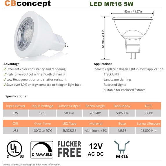 UL-Listed MR16 GU5.3 LED Bulbs, 10-Pack, 5 Watt, Dimmable 500 Lumen, Warm White 3000K, 36°Beam Angle, 12V, 50W Halogen Equivalent, Recessed/Landscape LED Lighting | Designed In San Francisco