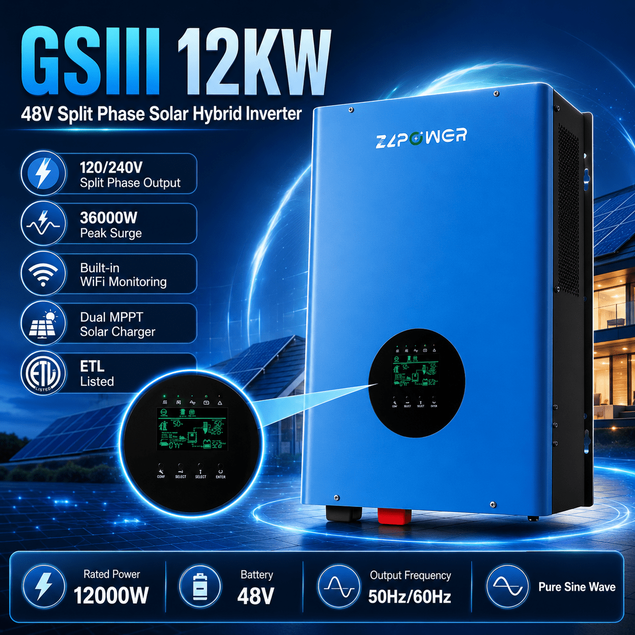 ZLPOWER 12000W 48V Hybrid Solar Inverter , 36000W Peak , UL1741 Certified , 120/240V Split Phase , Built-in Dual 80A MPPT , LiFePO4 Battery Compatible , WiFi Monitoring