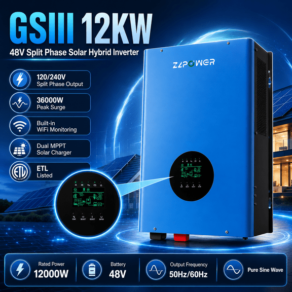 ZLPOWER 12000W 48V Hybrid Solar Inverter , 36000W Peak , UL1741 Certified , 120/240V Split Phase , Built-in Dual 80A MPPT , LiFePO4 Battery Compatible , WiFi Monitoring
