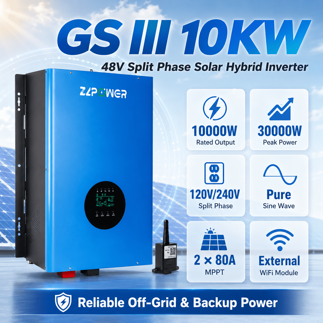 ZLPOWER 10KW Solar Inverter Charger , 48V DC to 120V/240V Split Phase , 30000W Peak Pure Sine Wave , UL1741 & ETL Certified | Built-in Dual 80A MPPT , WiFi Monitoring , Off-Grid Home Backup