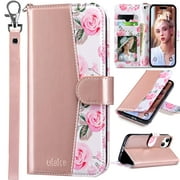 ULAK Case for iPhone 15 Wallet, Kickstand Folio Flip Leather Phone Case with Cards Holder for Apple iPhone 15 for Women Girls, Rosa Gold Flora