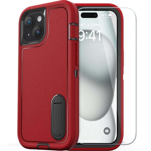 ULAK Case for iPhone 15 With Screen Protector Built In Kickstand, Heavy Duty Military Shockproof Phone Case for Apple iPhone 15 6.1" 2023, Red