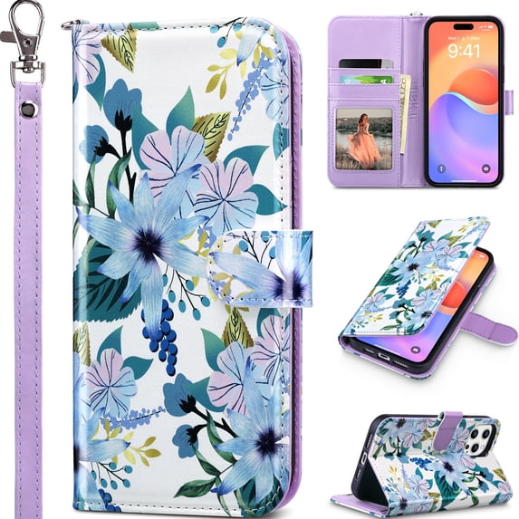 ULAK Case for iPhone 15 Pro Max Wallet, Kickstand Folio Flip Leather Phone Case with Cards Holder for Apple iPhone 15 Pro Max for Women Girls,Blue Flower