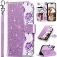 thumbnail image 1 of ULAK Case for iPhone 15 Pro Max Wallet, Kickstand Folio Flip Leather Phone Case with Cards Holder for Apple iPhone 15 Pro Max for Women Girls,Glitter Purple Flora, 1 of 9