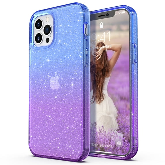 ULAK Clear iPhone 12 Pro Max Case, Stylish Sparkle Slim Protective Heavy Duty Shockproof Bumper Phone Case for iPhone 12 Pro Max 6.7 inch for Women Girls, Purple Blue